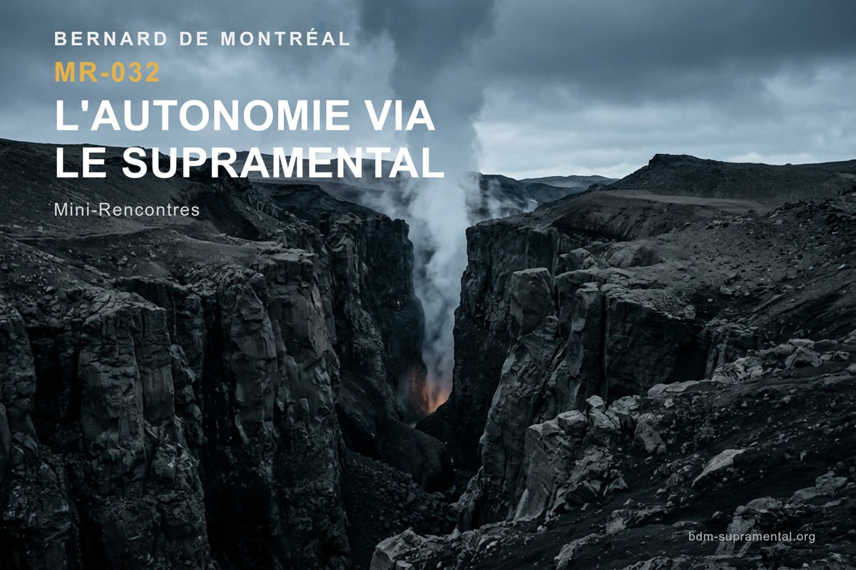 Vue saisissante d'une gorge volcanique islandaise aux parois de basalte sombre et escarpé, d'où s'élève verticalement une colonne dense de vapeur géothermique issue d'une fissure rougeoyante au fond du gouffre sous un ciel d'orage — MR-032 L'autonomie via le supramental, Bernard de Montréal.
