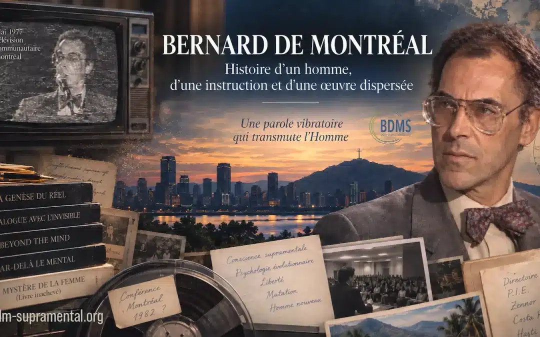 Portrait de Bernard de Montréal entouré d’archives, livres, enregistrements et documents retraçant son parcours et la dispersion de son œuvre