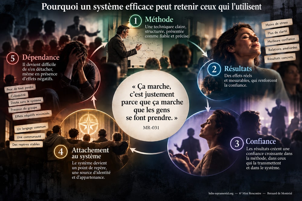 Infographie montrant comment les résultats d'une méthode renforcent la confiance, puis l'attachement à un système, jusqu'à créer une dépendance.