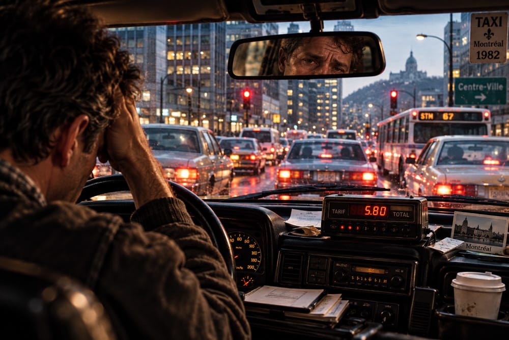 Chauffeur de taxi épuisé dans les embouteillages à Montréal, en 1982, illustrant le stress au travail et les limites de la maîtrise des réactions émotionnelles.