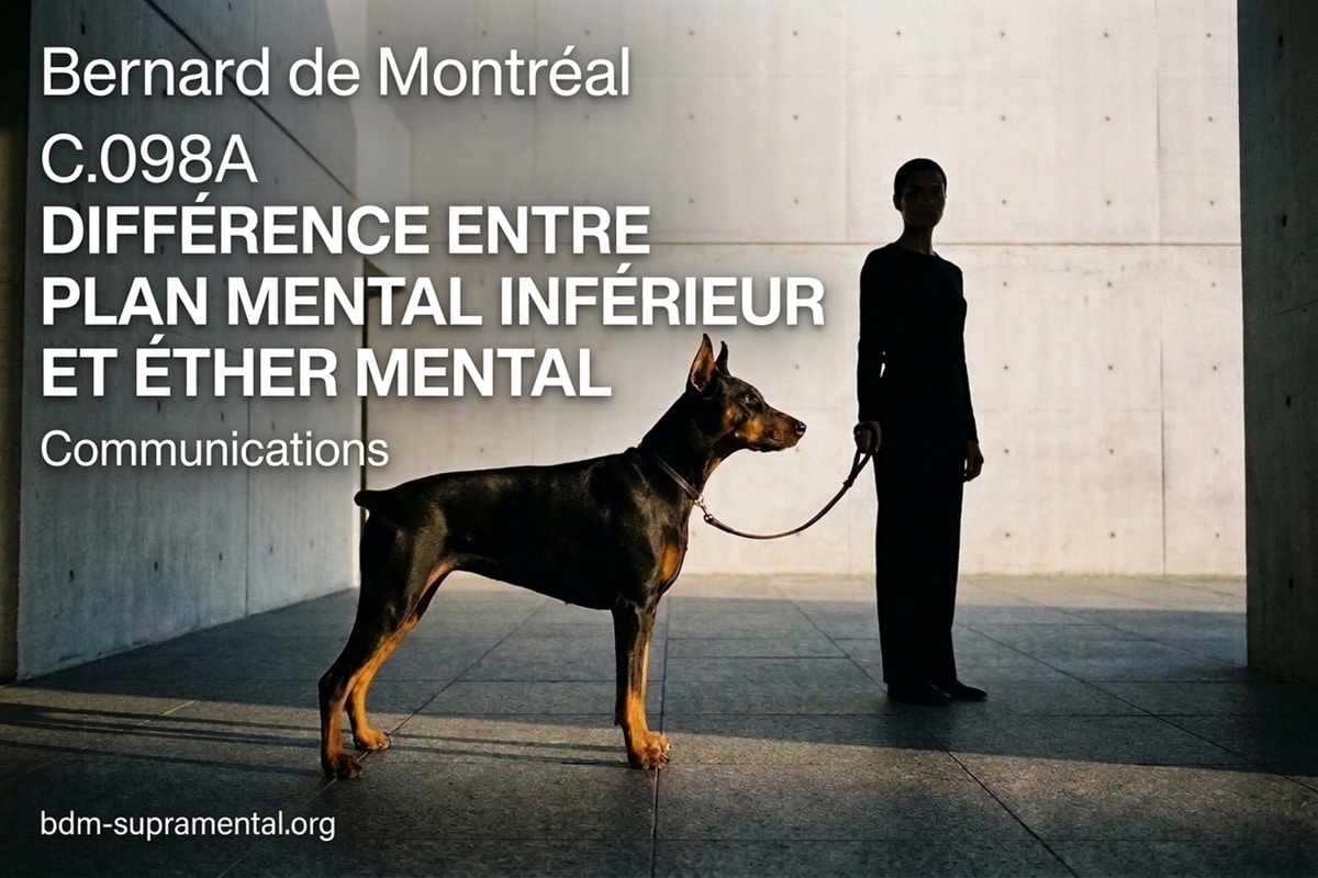 c098a-difference-entre-plan-mental-inferieur-et-ether-mental-bernard-de-montreal__CLEAN Visuel de la conférence C.098A Différence entre plan mental inférieur et éther mental de Bernard de Montréal, série Communications. Photographie cinématographique contemporaine montrant une chienne doberman athlétique et noble tenue fermement en laisse courte par une silhouette humaine sobre et impassible vêtue de noir, dans un décor architectural en béton brut sous une lumière rasante dorée, avec titrage d'affiche blanc pur très lisible.