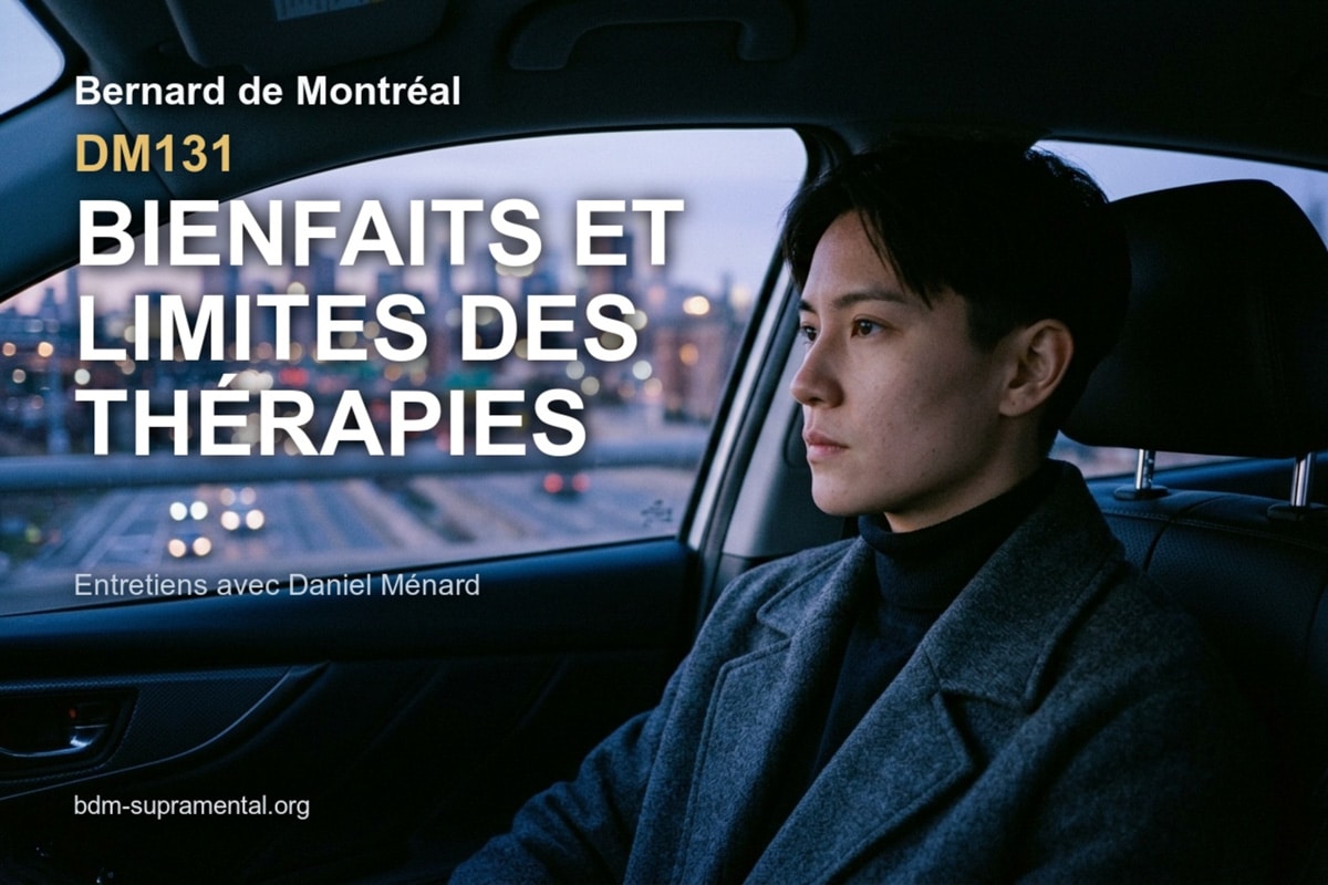 dm131-bienfaits-et-limites-des-therapies-bernard-de-montreal-3×2-avec-texte-upscale Silhouette calme et lucide assise dans une voiture à la tombée de la nuit, lumières urbaines en arrière-plan