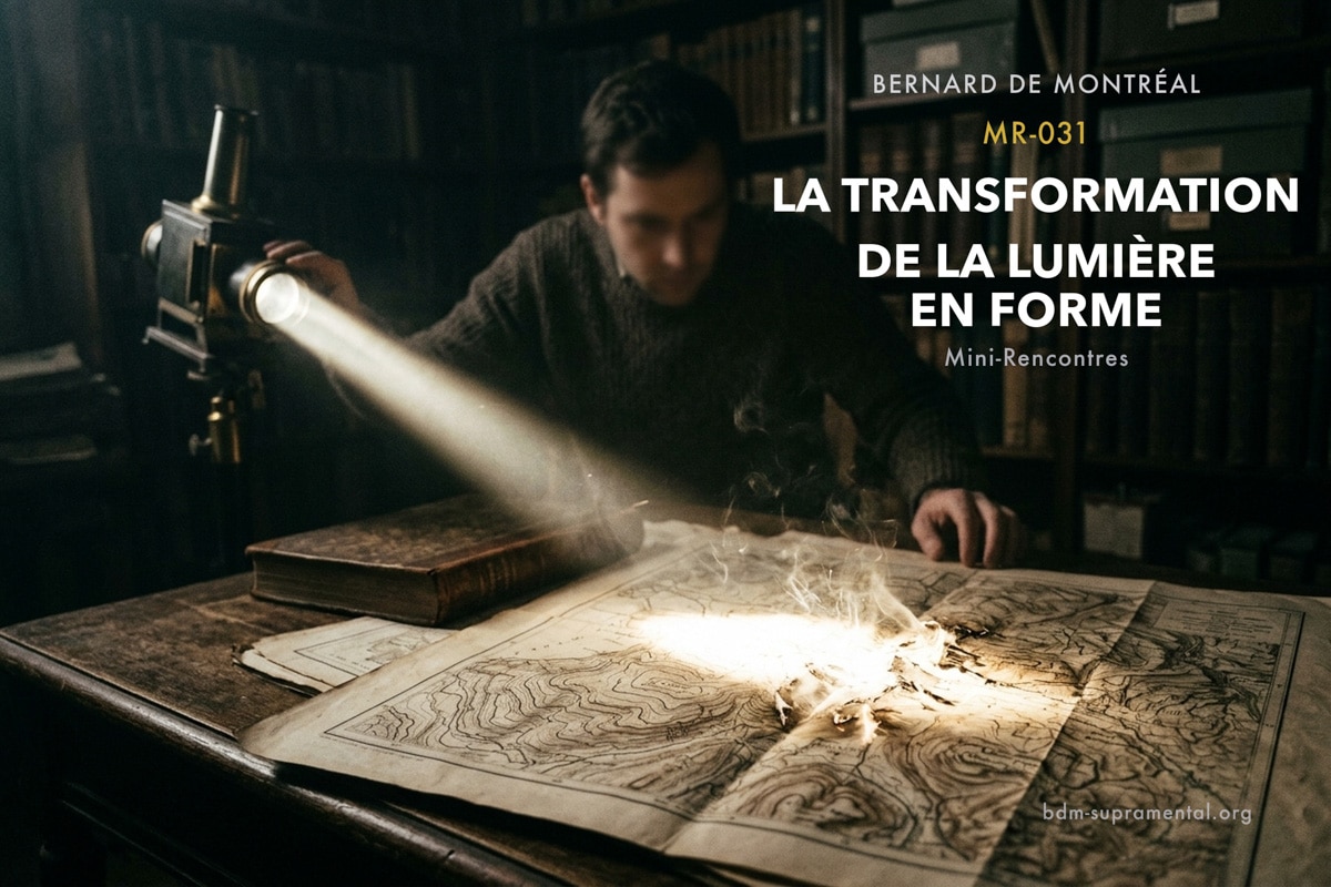 Dans une bibliothèque d'archive sombre en éclairage feutré, un projecteur optique projette un faisceau de lumière blanche intense sur une carte topographique ancienne posée sur une table en bois ; au point d'impact du rayon, les tracés cartographiques s'enflamment et se dissolvent en lumière pure devant un chercheur assis en retrait dans la pénombre — MR-031 La transformation de la lumière en forme, Bernard de Montréal.