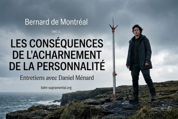 Silhouette sobre et centrée debout sur un plateau rocheux côtier d'ardoise et de basalte sous un ciel d'orage, à côté d'un paratonnerre métallique conducteur ancré dans la roche — DM111 Les conséquences de l'acharnement de la personnalité, Bernard de Montréal.