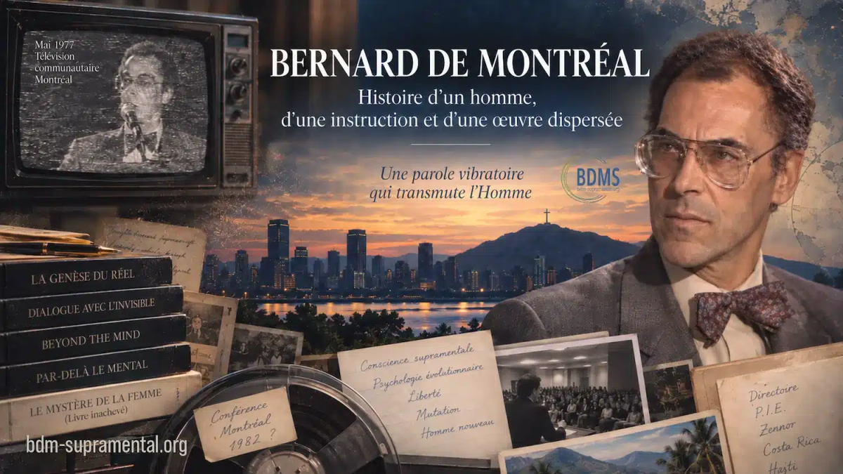 Portrait de Bernard de Montréal entouré d’archives, livres, enregistrements et documents retraçant son parcours et la dispersion de son œuvre
