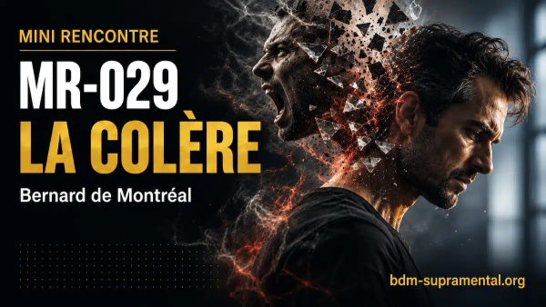 Profil d'un homme impassible et intériorisé sur fond sombre, dont s'échappe vers l'arrière un double hurlant de rage au milieu d'éclats de verre brisé et d'étincelles incandescentes — MR-029 La colère, Bernard de Montréal.