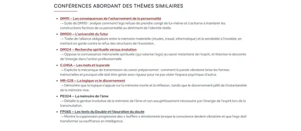 Les conférences liées à DM110 et les notices expliquant ce que chacune apporte à la poursuite de l’étude.