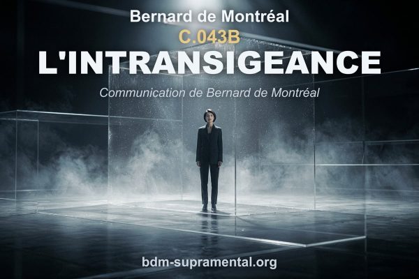 Photographie d'art contemporain et surréaliste illustrant la conférence C.043B L'intransigeance de Bernard de Montréal : une femme vêtue d'un tailleur sombre se tient droite et assurée, enfermée dans une cage géométrique aux parois de verre transparent au cœur d'un vaste espace muséal obscur et brumeux, incarnant l'ego rigide et convaincu d'avoir raison prisonnier de ses propres limites mentales.